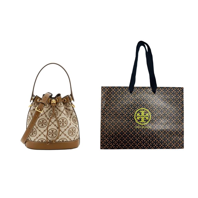 TORY BURCH Tang Libaiqi T Monogram Brass texture accessories Elegant wire drawstring closure with push lock Bucket bag crossbody Fabric and 84336-371
