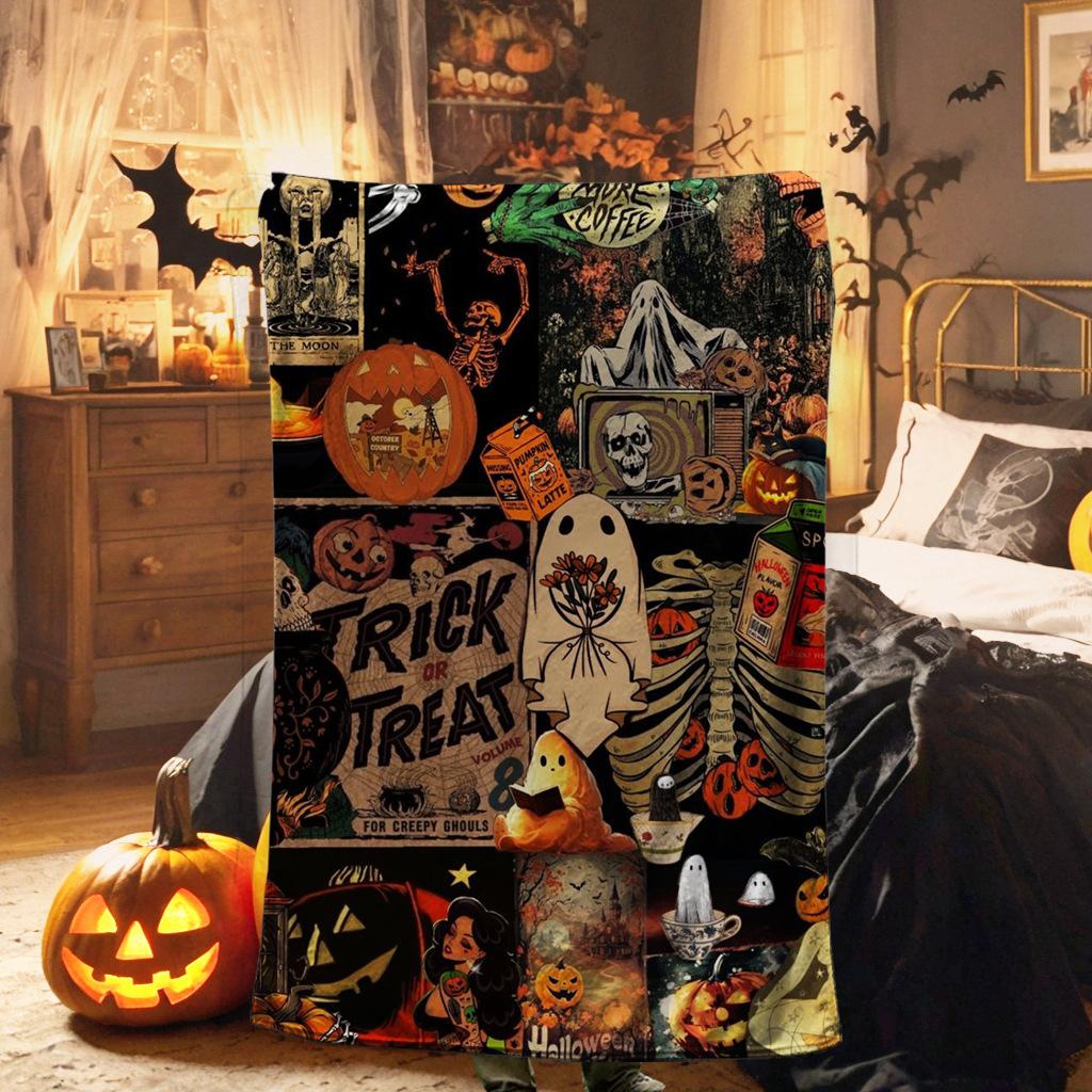 Halloween Witch Pattern Digital-printed Polyester Bedroom Velvet Flannel Cover Blanket Fleece Soft Sofa Cover Blankets for Beds