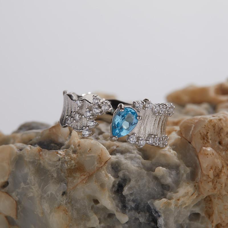 Personalized Fashion S925 Sterling Silver Natural Colored Treasure Garnet Topaz Ring Women'S Brushed Effect Open Ring