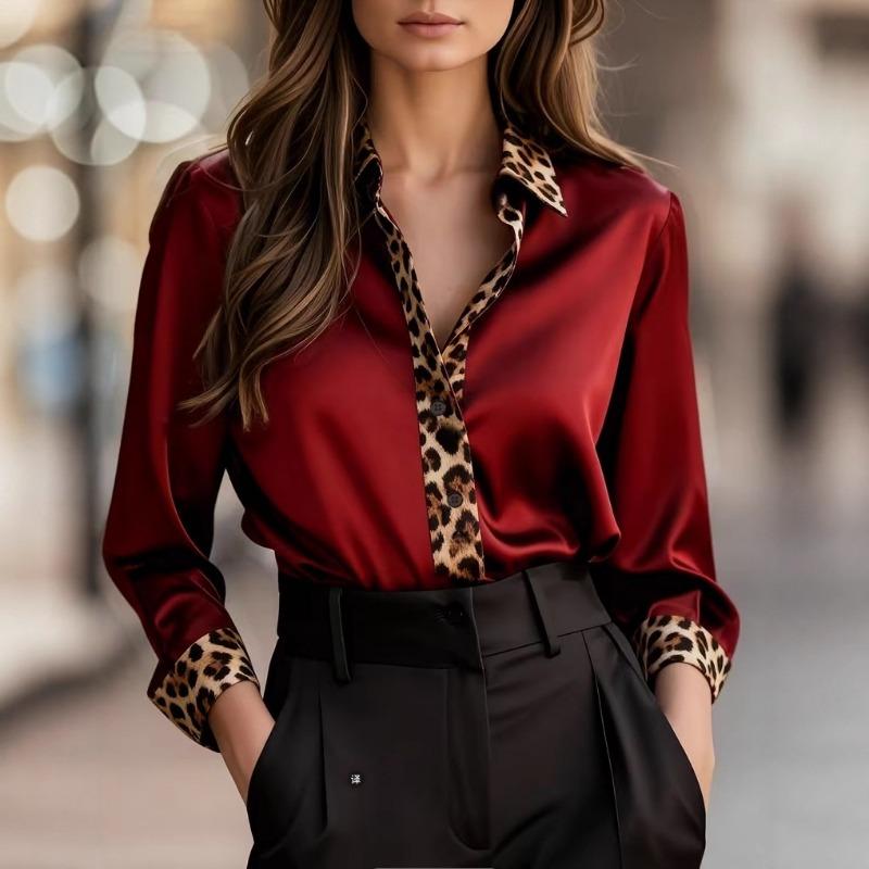 New Women's Leopard Print Long Sleeve Office Shirt Spring Autumn Lapel Casual Loose Blouse Simple Satin Elegant Solid Color Top Clothing