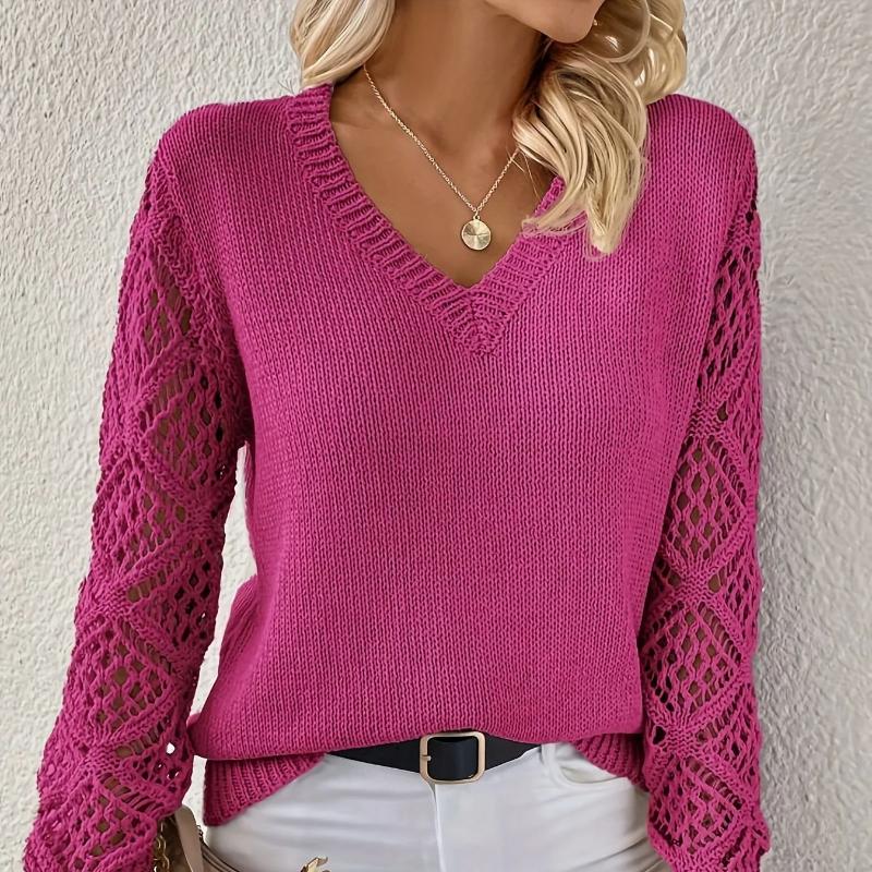 

Весняно-осінні жіночі повсякденні светри, топи, суцільний в’язаний светр з V-подібним вирізом, в’язаний пуловер L рожевий червоний колір