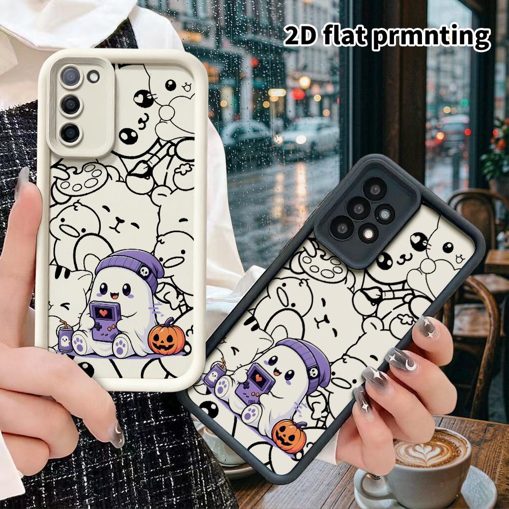 Phone Case: 2D flat, suitable for Samsung Galaxy A34 A35 M05 M06 S20 S22 S21 FE Plus 5G cases, featuring a little ghost playing a handheld console, pe