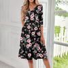 Women's Casual Fashion V Neck Three Quarter Sleeve Print Midi Dress