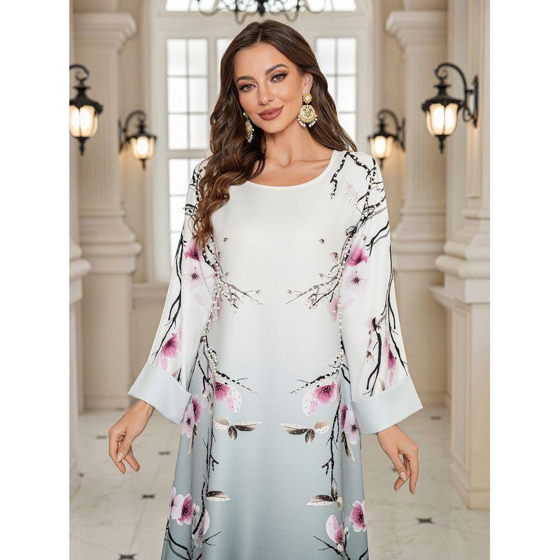 

2025 Middle East Cross-Border Women clothes Robe Print Beads Hot Drilling round Neck Dubai Arab Dress Dress Pink 2XL