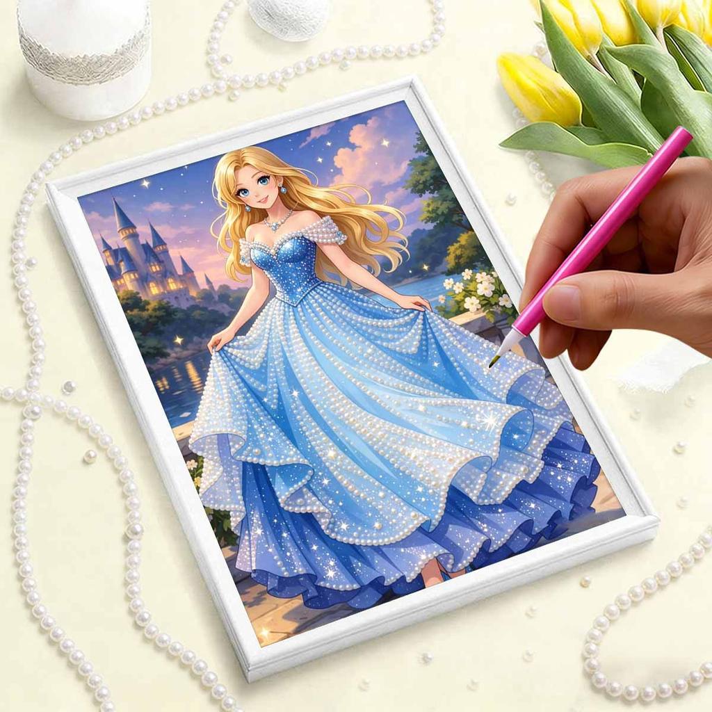 Starry Castle Cinderella New Pearl-Inlaid Frameless Art | Handmade Pearl Craft, Castle Lake Starry Theme, for Romantic Fairy Tale Decor
