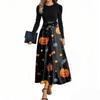 Women's Fashion Casual Belted Long Sleeve Round Neck Halloween Printed Elegant Temperament Dresses