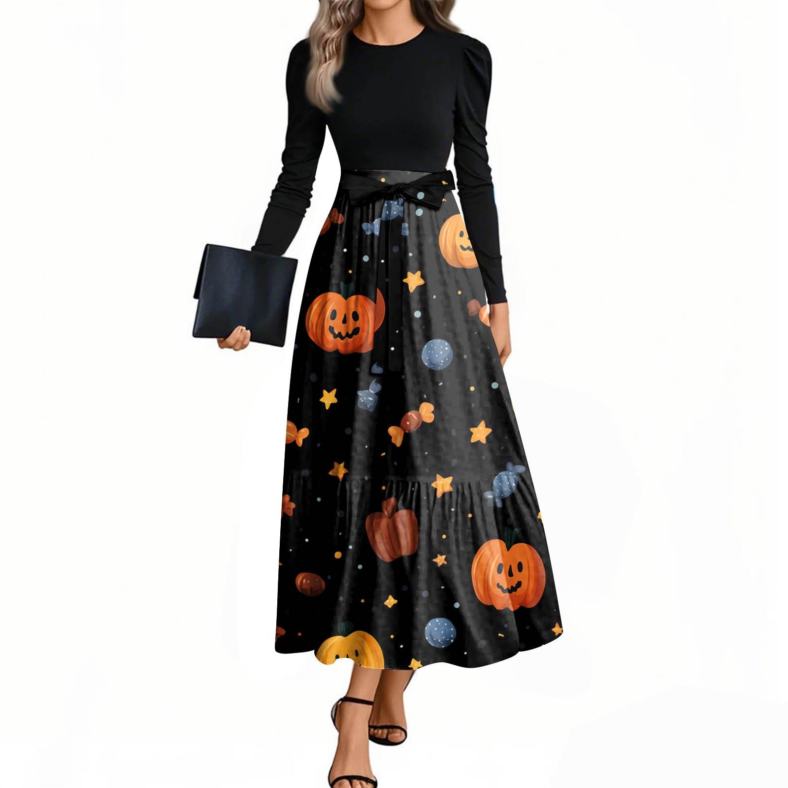 

Women s Fashion Casual Belted Long Sleeve Round Neck Halloween Printed Elegant Temperament Dresses L чорний