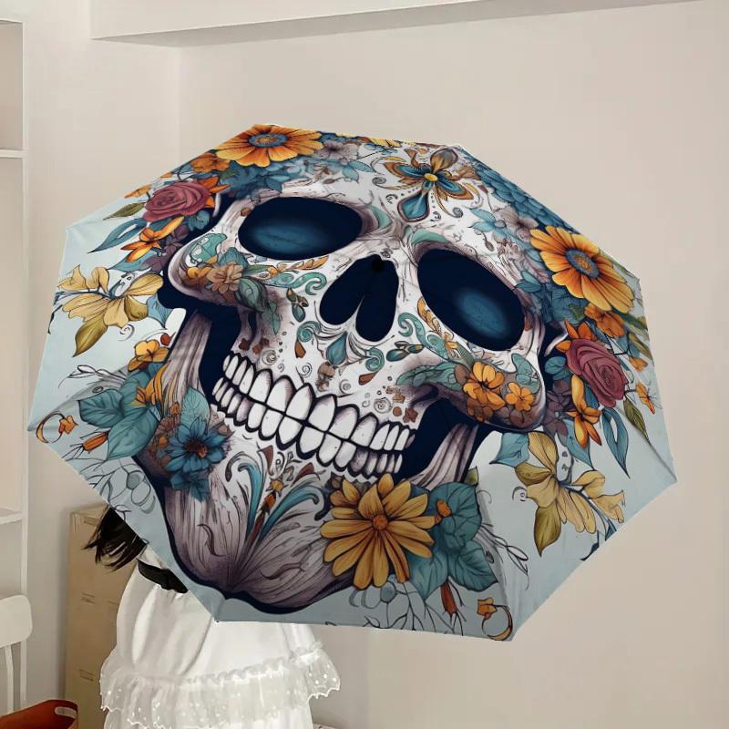 1pc Day of the Dead Floral Skull Umbrella with Plastic Handle,Suitable for All Seasons Home Travel Outdoor UmbrellaDD1574