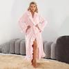 Dames Pluizige Ruche Badjas Zachte Fleece Sjaalkraag Kimono Badjas Winter Pluche Warm Huispak met Zakken