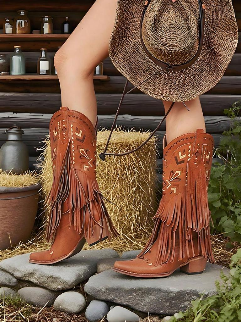 Embroiderd Women's Mid Calf Tassels Western Boots Pointed Toe Chunky Heels Comfortable Fringe Retro Vintage Booties Footwear