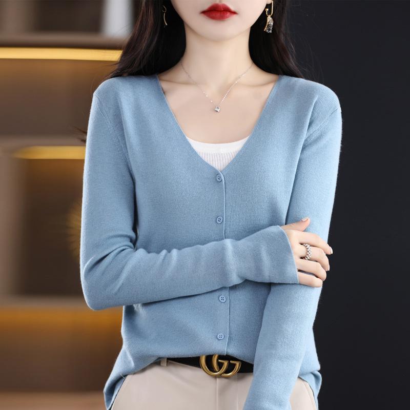 Women's 100% Pure Wool V-Neck Cardigan - Solid Color, Button-Up, Loose Fit Knitwear
