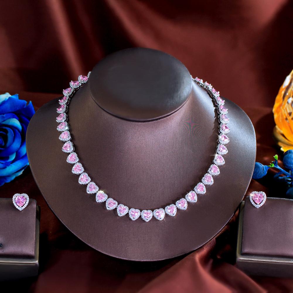 Trendy Jewelry Brass Silver Plated Jewelry Set Pink Iced CZ Ring Earrings Necklace Cuban Tennis Heart Shaped Woman Jewelry Set