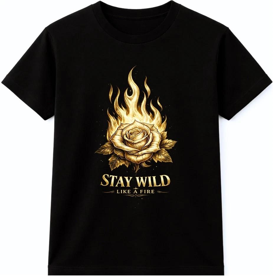 Flaming Rose T Shirt Stay Wild Gothic Tattoo Biker Rocker Graphic Tee S