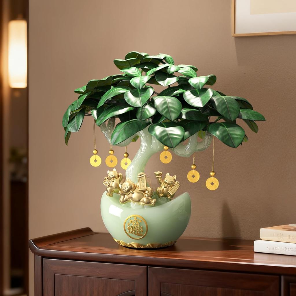 13.8" Chinese Money Tree with Synthetic Jade Base, Artificial Tree Feng Shui Wealth Decor with Golden Fortune Cat, Yuanbao Flower Pot & Coin Pendant
