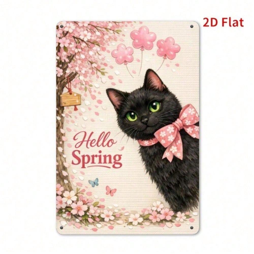 Vintage Spring Cherry Blossom Black Cat Metal Sign Waterproof Rust Resistant Wall Art Garden Decor