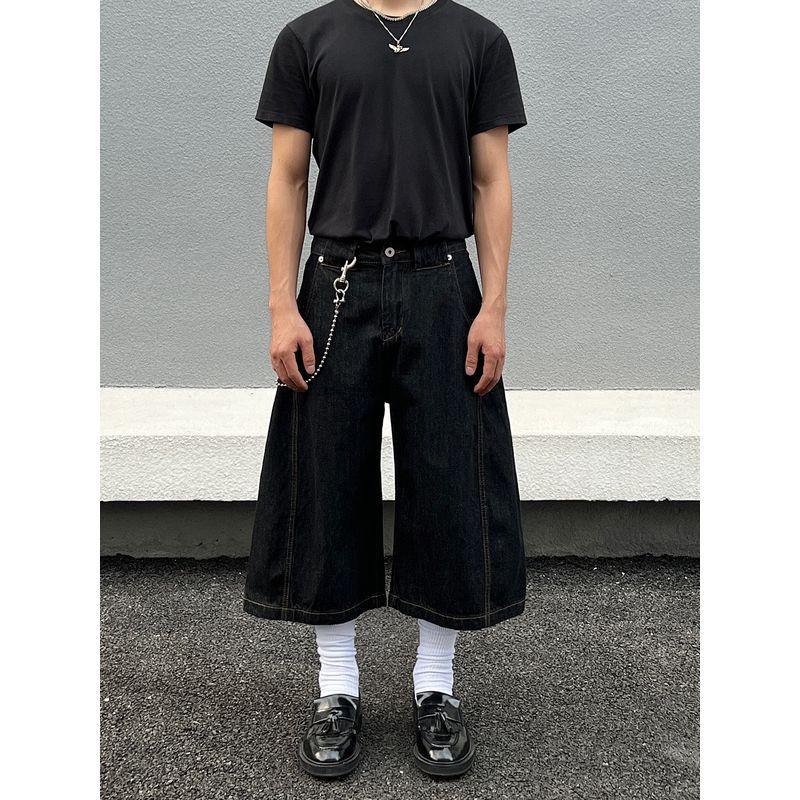 Blaeixit American Profile Original Cow Color Baggy Cropped Jeans Men's Loose Casual Black Wide Leg Shorts