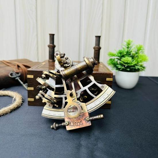 Nautical Brass Working 12.7 Cm Sextant With Two Telescope, Maritime Navigational Instrument With Wooden Box Christmas Fathers Gift