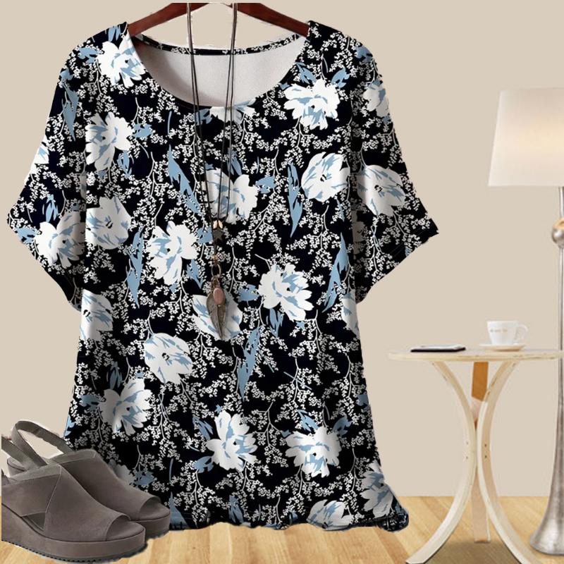 Women's Casual Loose Spring Shirt Women's Short Sleeve 3D Colorful Flowers Printed Tops