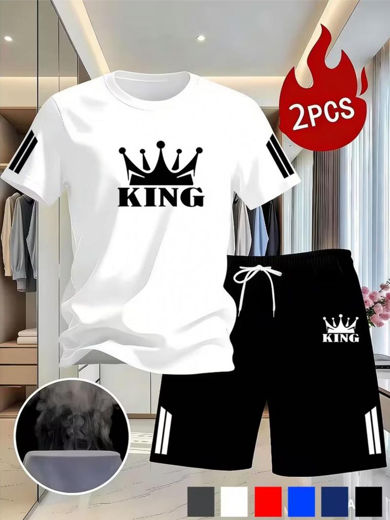 Men's Summer Mesh Sports Suit - King Crown Print, Quick-Dry T-shirt and Shorts Set
