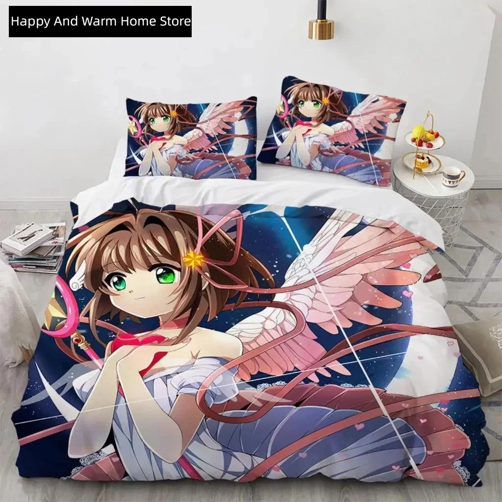 Anime Cardcaptor Sakura Beding Set,Soft Duvet Cover Warm Comforter Bed Linen Set Comfortable Quilt Cover Pilowcase,King Quen Twin Sized Dimensions