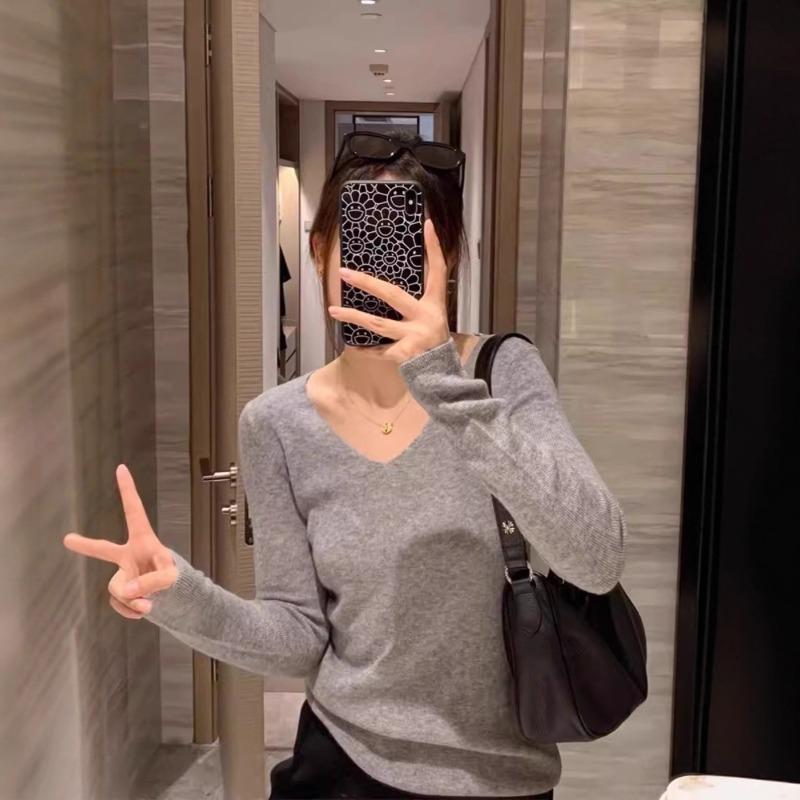 White sweater women's bottoming shirt spring, autumn and winter new v-neck versatile slim-fitting and thin inner long-sleeved knitted sweater top