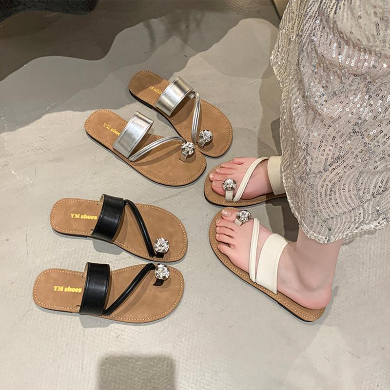 Rhinestone Set Toe Beach Sandals 2025 Summer New High-end Fashion Flat-bottomed Slippers Women's One-word Slippers