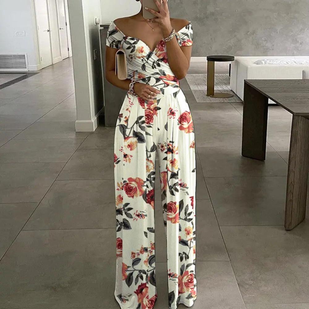 Women s Off Shoulder Short Sleeve Floral Print High Waist Wide Leg Jumpsuit S