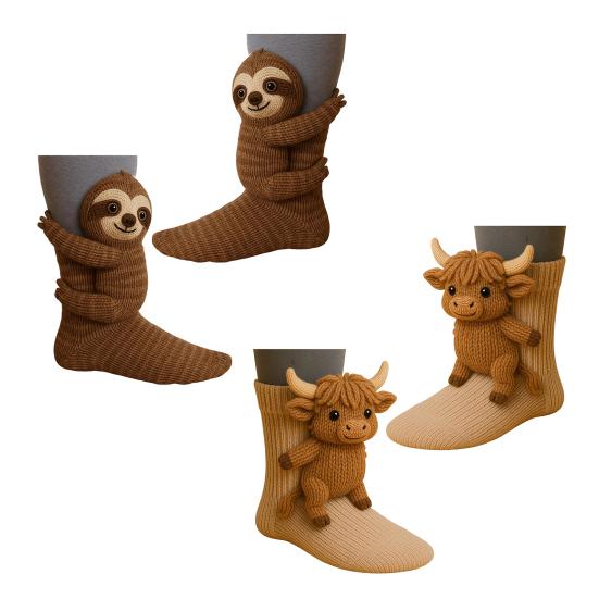 2 Pairs 3D Knit Animal Socks Hand Crocheted Animal Doll Socks Sloth Cute Warm Winter Socks for Men Women Animal Lovers Gifts