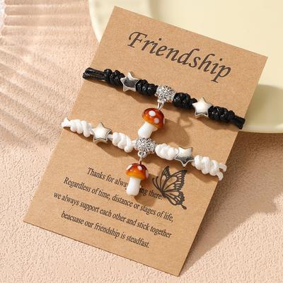 A Pair of Woven Small Mushroom Couple Bracelets, Male and Female Student Girlfriends, Purely Handmade Jewelry.