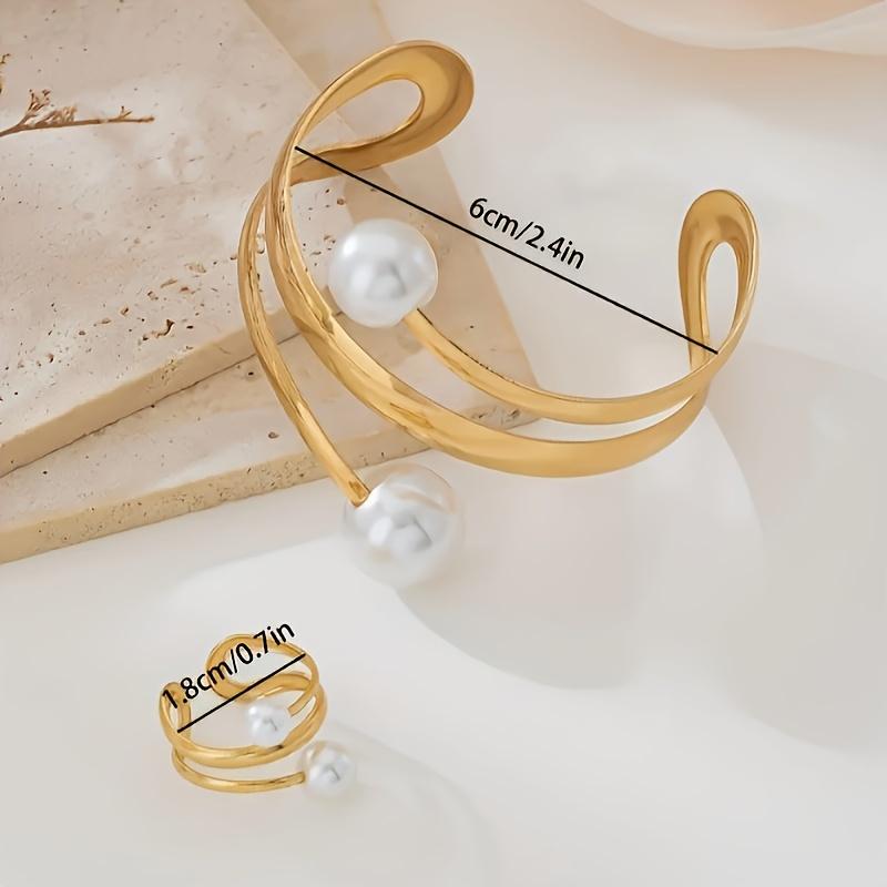 2-piece Fashionable Geometric Imitation Pearl Multi-layer Bracelet Ring, Women's  Trendy Party Accessories Jewelry