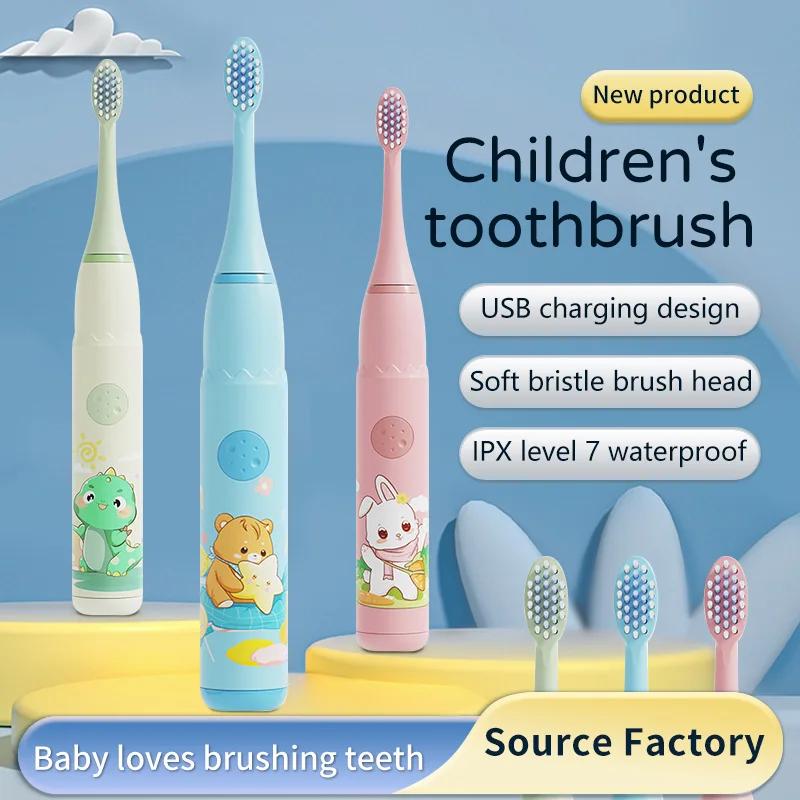 Spazzolino elettrico sonico per bambini IPX7 impermeabile, colorato, con cartoni animati, per uso da parte dei bambini, setole morbide sostituibili con testine per spazzolino da denti