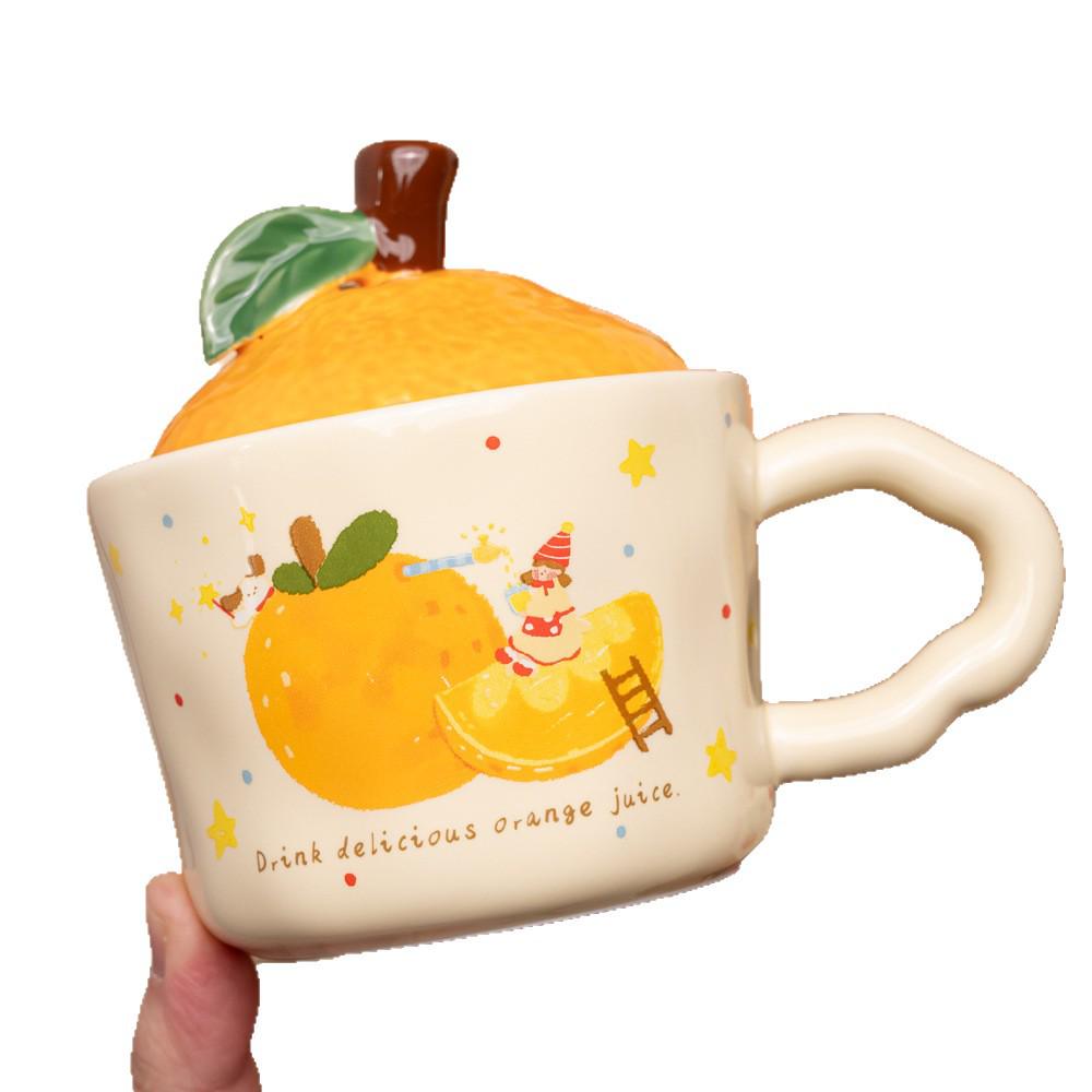 Ceramic Orange Water Cup with Lid - Office or Birthday Gift, Cute Souvenir Mug for Home.