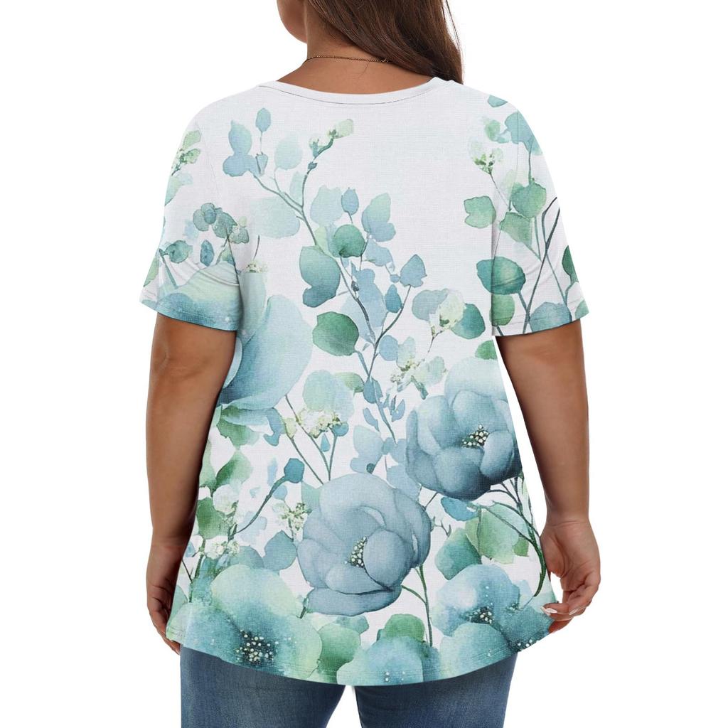 Γυναικείες μπλούζες σε πλεονάζον μέγεθος Σορτς μανίκια πουκάμισα V λαιμόκοψη Casual ρούχα Μπλούζες με στάμπες