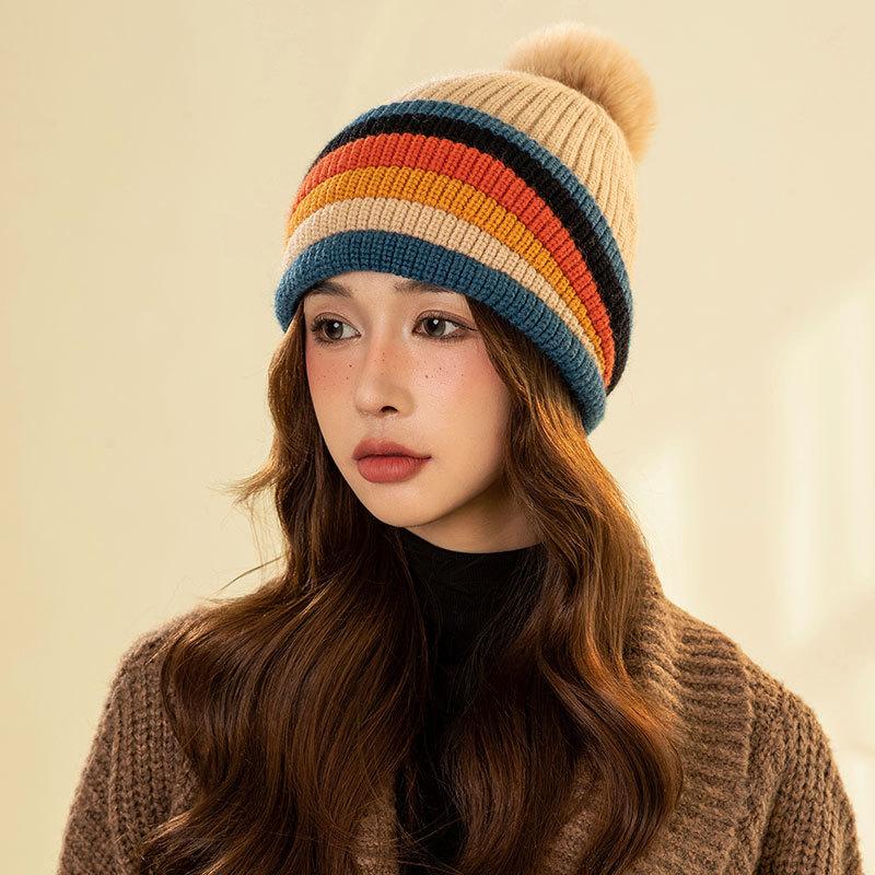 Rainbow Mixed Color Knitted Warm Hat Women's Fleece Warm Ear Protector Hairball Hat Dopamine Face Small Wool Hat