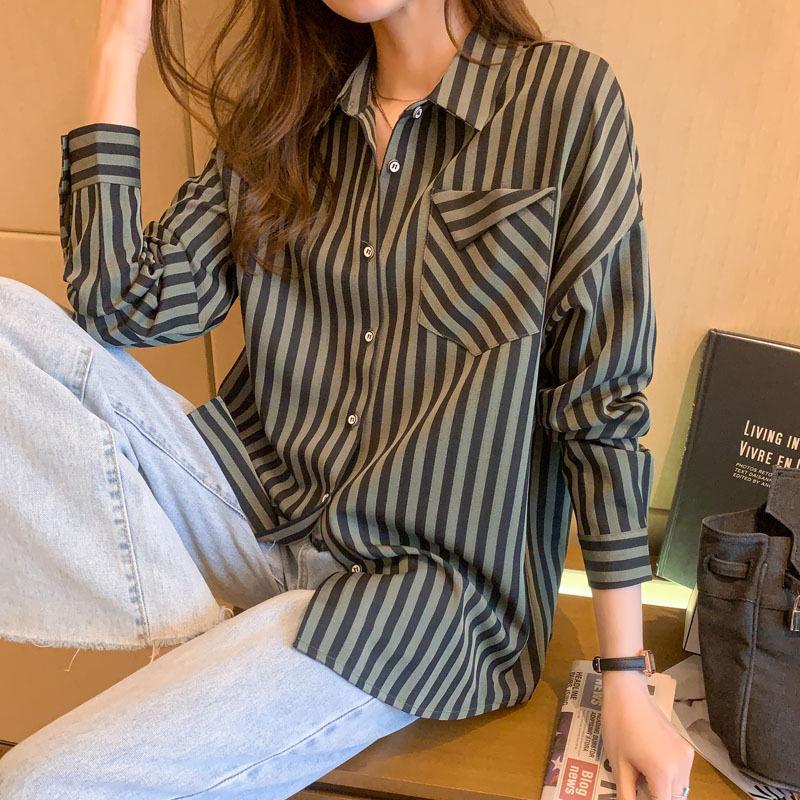 

New Spring and Autumn Women s Fashionable Casual Shirt with Turn-down Collar and Striped Chiffon Top S чёрный