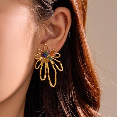 European and American Niche High-End Women's Stainless Steel Hollow Petal Inlaid Colorful Natural Stone Vintage Titanium Steel Earrings