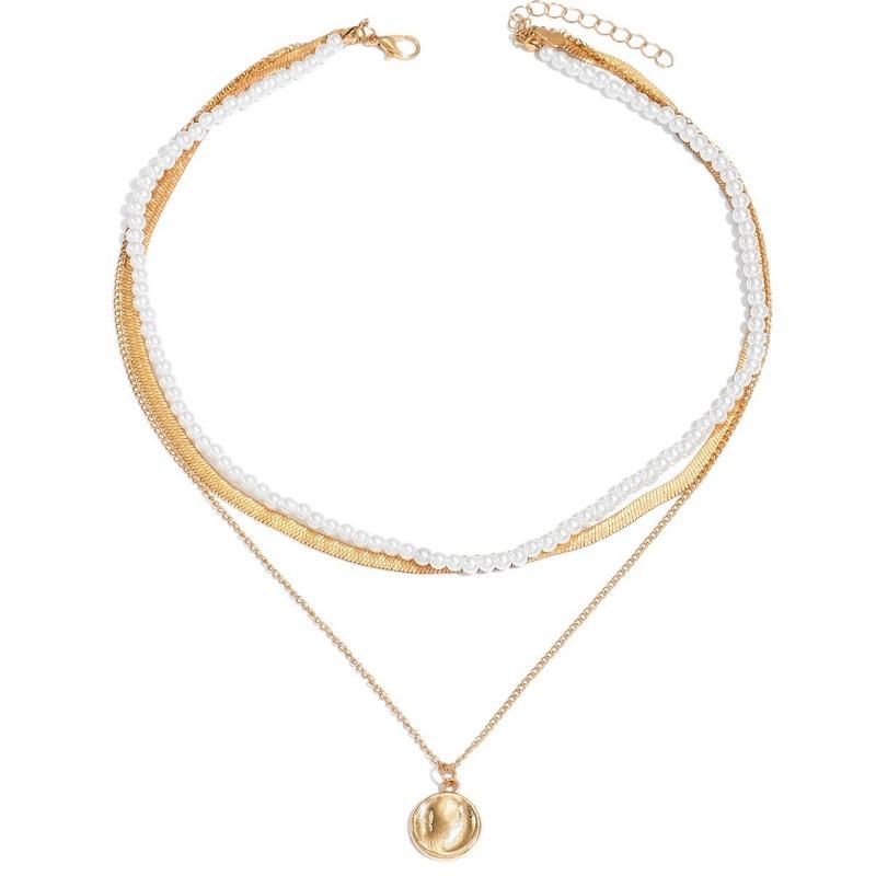 New, Fashionable and Simple Round Brand Pendant Necklace Light Luxury Niche Pearl Neck Chain Multi-layer Stacked Women