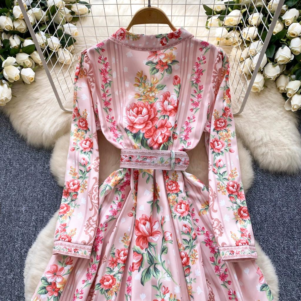 Spring Autumn Women Elegant Notched Collar Designer Print Long Maxi Holiday Party Blazer Dresses