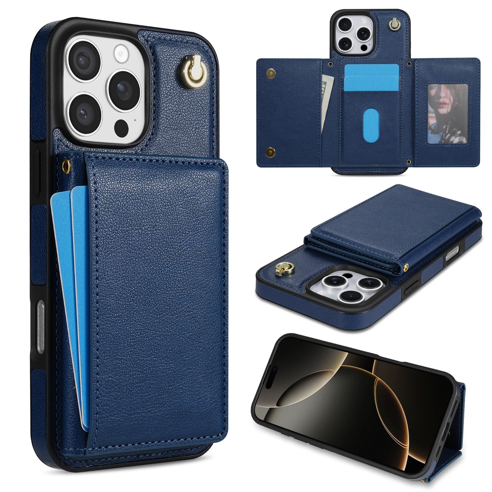 

BKS-003 For iPhone 16 Pro Max Case Tri-Fold Card Holder Kickstand TPU+Leather Back Cover with Shoulder Strap Blue