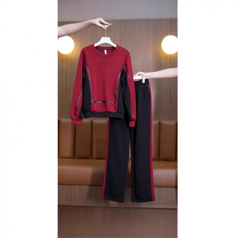 Mom Casual Fashion Suit Autumn and Winter Large Size Contrasting Color Round Neck Sweatshirt Wide Leg Pants Two-piece Set for Women