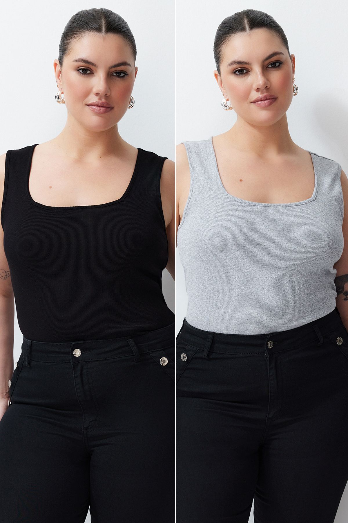 

Women s Fashion Black-Grey Basic Ribbed Knitted 2-Pack Square Collar Undershirt 2XL
