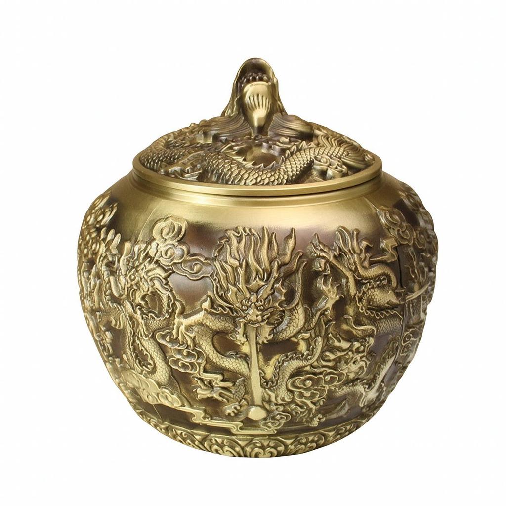 Brass Tea Canister with Dragon Motif Heavy-Duty Lid