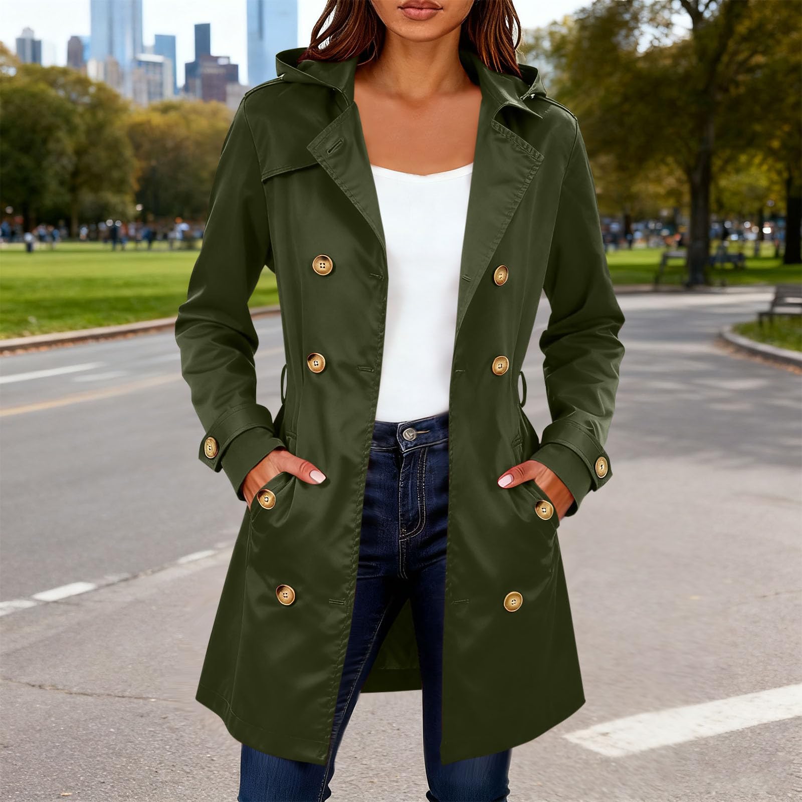 

Women s Fashion Solid Color Collar Long Sleeve Double Breasted Windbreaker With Belt Coat L армия зеленый
