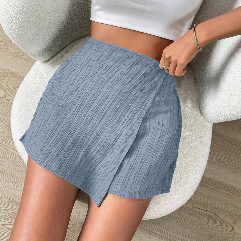 European and American Summer High-Waisted Textured Solid Color Women's Shorts Skirt