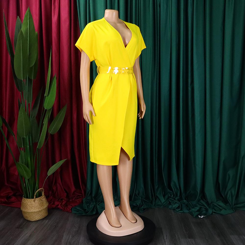 Large Size Women Summer Fashion Solid Dress Ladies Sexy One Piece V Neck Slit Dress with Belt