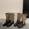 Western British Retro Canvas Brown Large Tube Circumference Locomotive Boots Knight Square Head Thick Sole Medium Tube Martin Boots Women