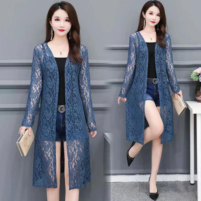 Women's Mid-length Summer Lace Sunscreen Cardigan Fashion Thin Coat with Matching Skirt Top Mesh Shawl Casual Lady Cardigan
