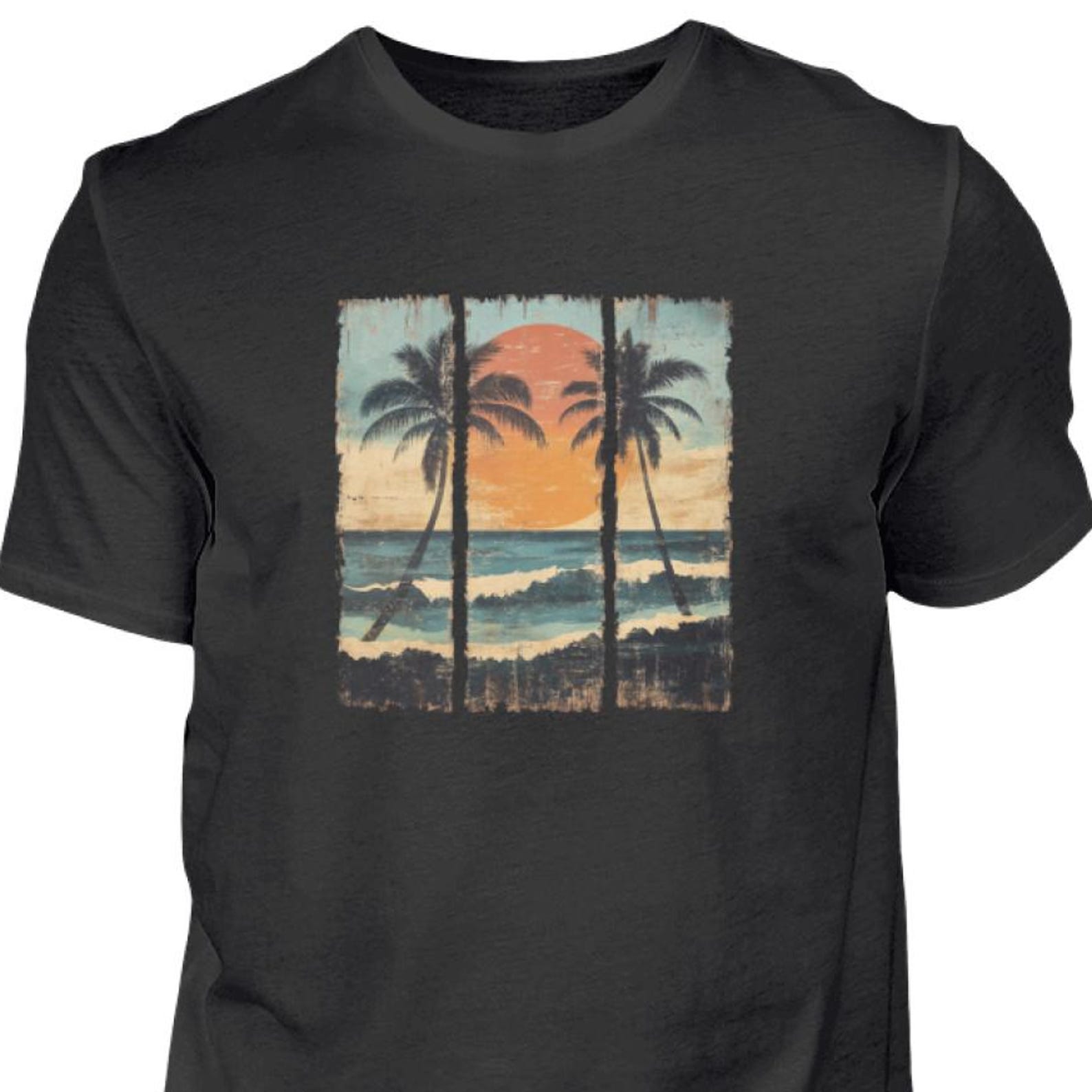 Tropisches Strand T-Shirt, Vintage Palmen, Sonnenuntergang Shirt, Sommer Urlaub Beach Tee, Surfer Geschenk, Retro Hawaii Shirt, Vintage 4XL