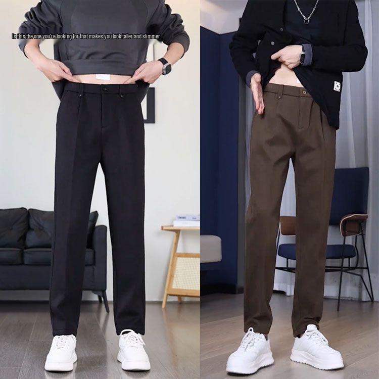 Men's Micro-Tapered Wool Suit Pants: Elastic Waist, Straight Leg, Wrinkle-Resistant, Slimming, Warm, Casual Trousers for Autumn & Winter.