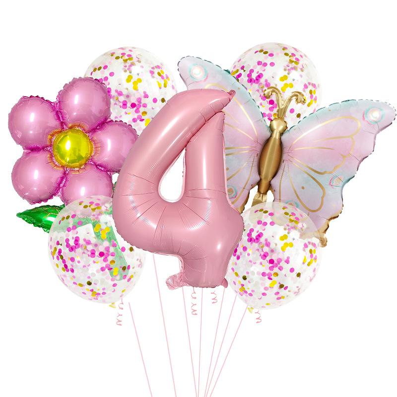 1set Pink Butterfly Flower Transparent Sequin Balloon 32inch Number 1-9 Set Birthday Party Baby Shower Wedding Decoration